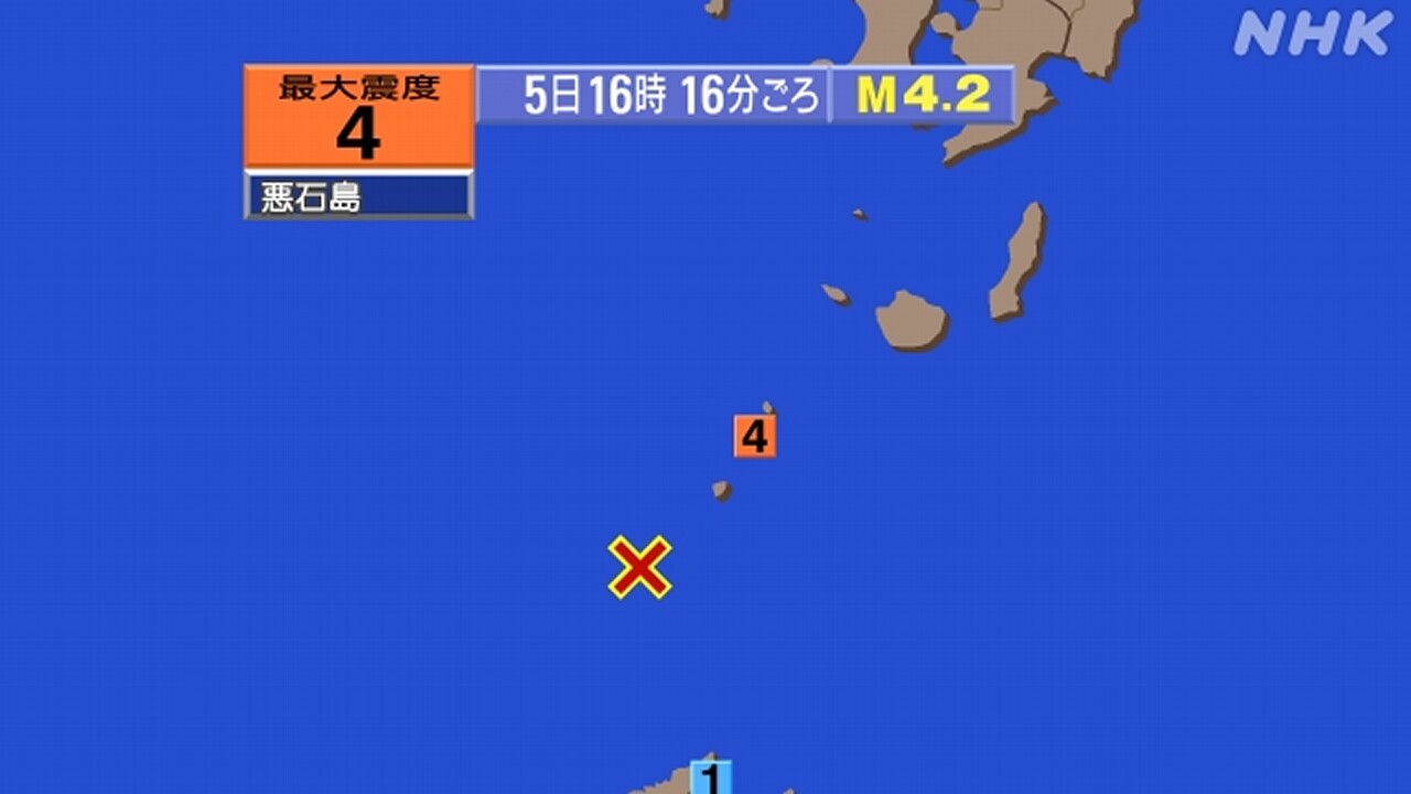 【地震速報】鹿児島-悪石島で震度4-津波の心配なし（16:16）-|-nhk