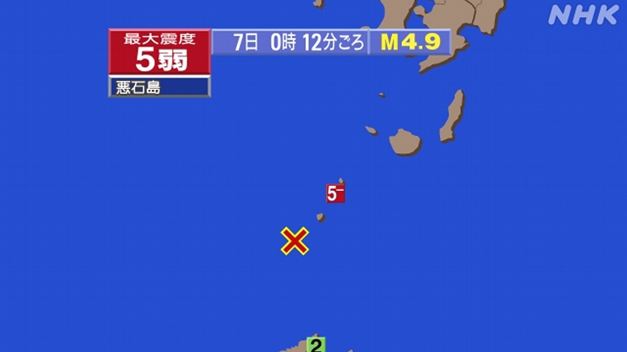 【地震速報】鹿児島-悪石島で震度５弱-津波心配なし（00:12）-|-nhk