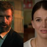 ヒュー・ジャックマンとサットン・フォスターは笑顔で歩きながら歌を歌い、手を繋いで青いレッドカーペットを歩いた